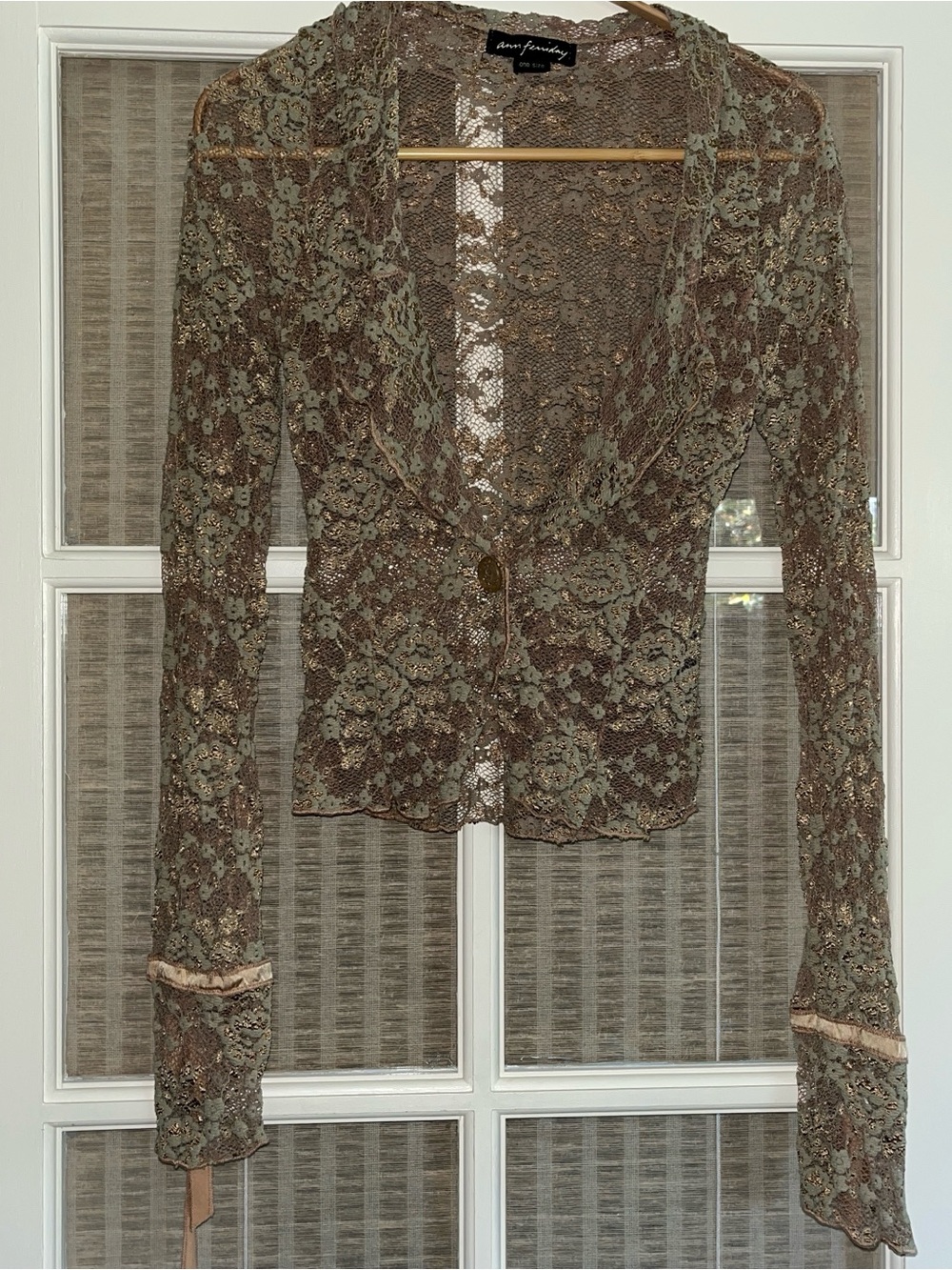 Ann Ferriday mocha brown and sage lace Button-Up cardigan top